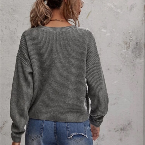 Pearl glam front rib knit crewneck sweater GRAY - Picture 2 of 2